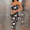 European and American Hot-selling Women's Flower Print Suspender Split Hem Tight Medium-length Dress