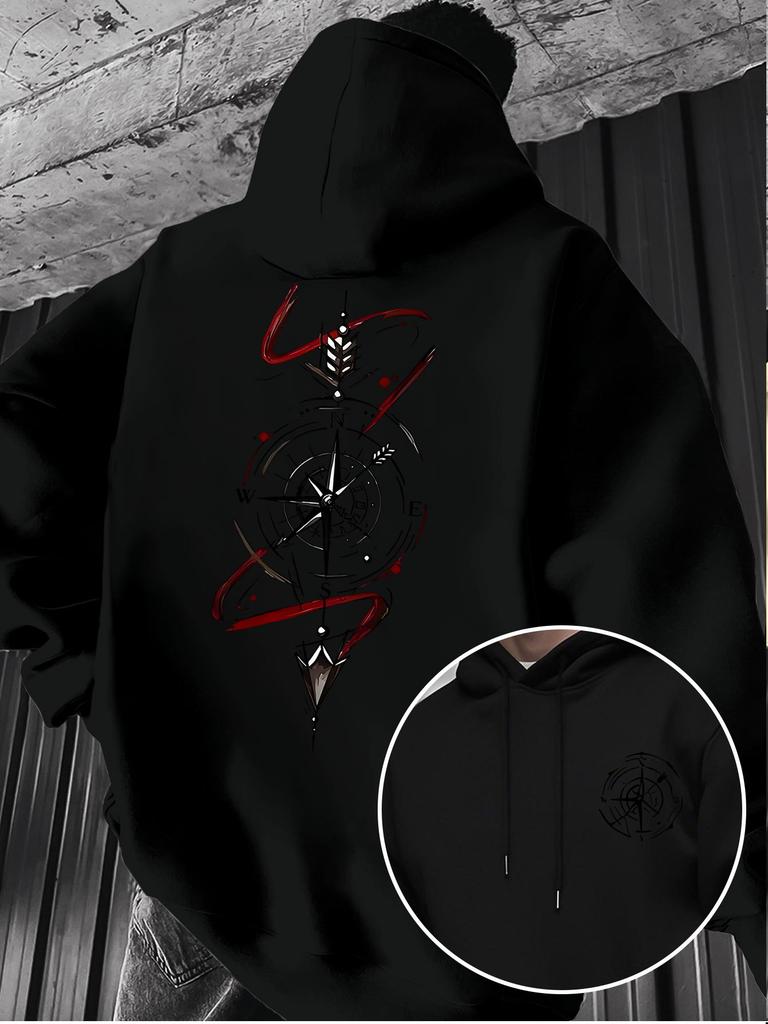 Vintage Compass Arrow Casual Print Hooded Sweatshirt for Men, Outdoor Niche Trend Pullover Long-Sl