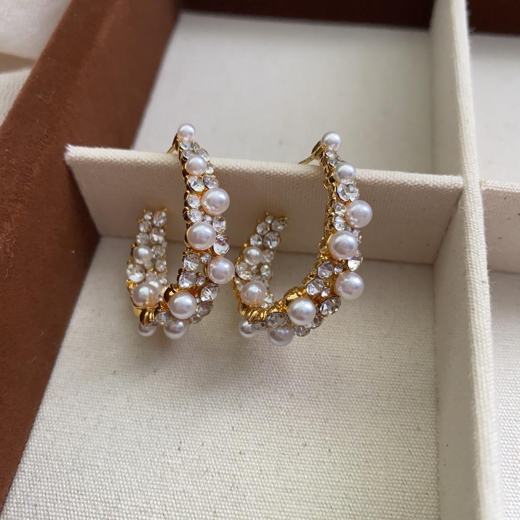 French retro style diamond-set pearl C-shaped stud earrings light luxury high-end temperament earrings new earrings women