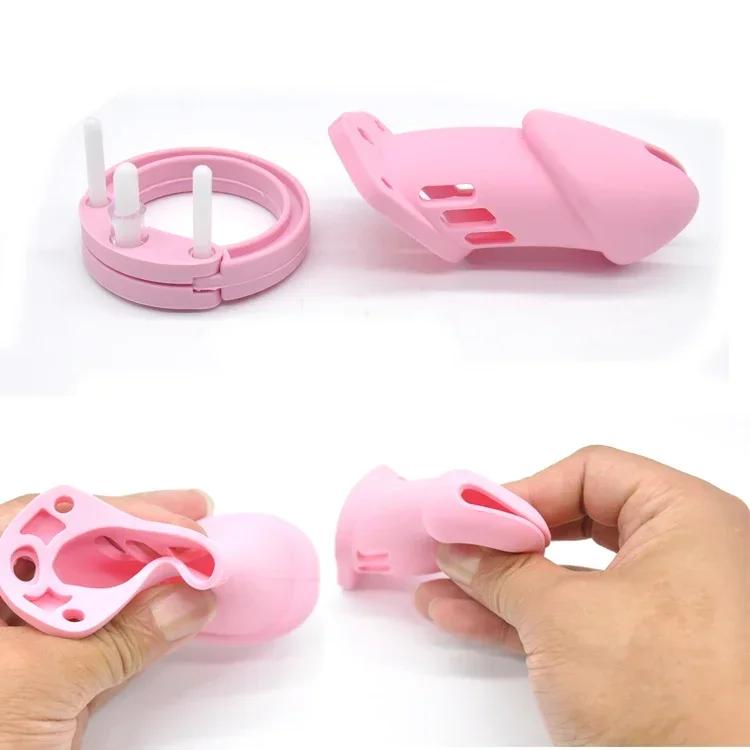 Pink Soft Silicone Male Chastity Cage Device Small/Large Lockable Ring Sex Toys with 5 Cock Ring Penis Sleeve for Men BDSM