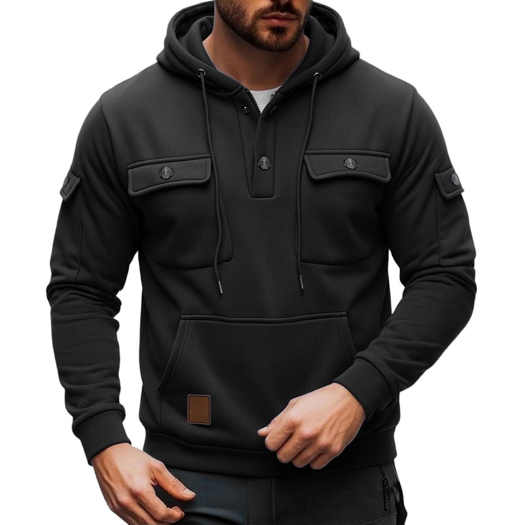 Men's Outdoor Hooded Sweatshirt with Multi Pockets, Long Sleeve Warm Casual Pullover