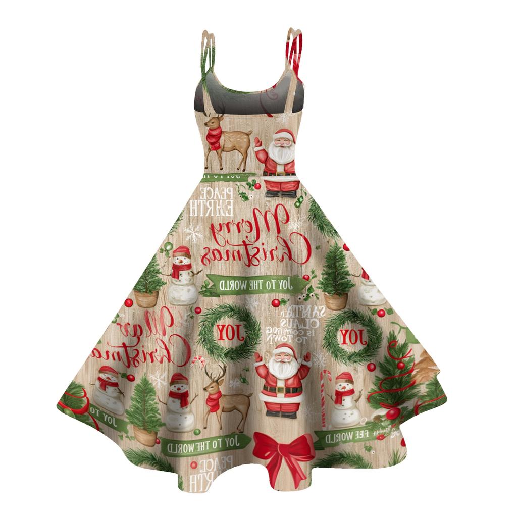 Damen Weihnachtsdruck Off-Shoulder Vintage Kleid für Weihnachtsfeier und Clubwear