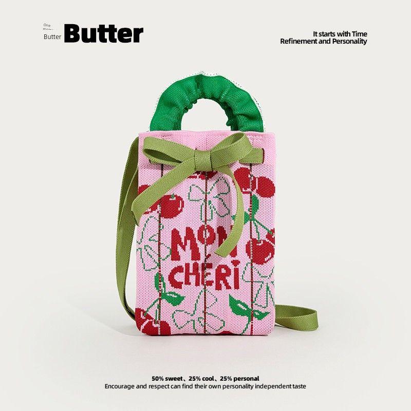 

Butter Original Design Sense Niche Drawstring Knitted Shoulder Over-the-shoulder Bag Bag 2025 New Spring and Summer Casual All-matching Cherry Sweet Cloud Bag (shoulder strap adjustable)