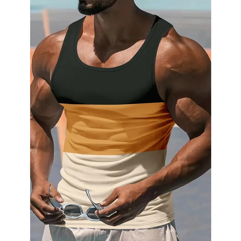 

Summer Round Neck 3D Colorful Stripes Color Block Pattern Printed Top Fashionable Casual Sleeveless Vest Men s T-shirts XS
