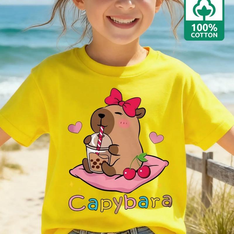 2025 Children's Capybara T-Shirt Kids Short Sleeve Shirt Capy Birthday Print Round Neck Tops Boys Girls Birthday Gift T Shirt