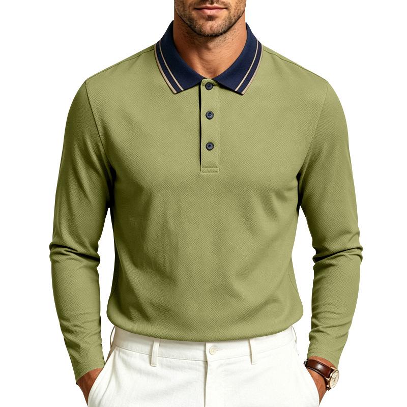 Autumn Mens Solid Long Sleeve Polo Shirt Contrast Striped Lapel Collar Button Placket Breathable Golf Casual Wear Tees