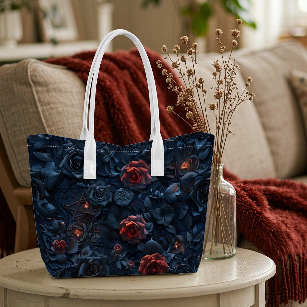 Gothic Red Rose Pattern Tote Bag For Women Daily Travel Shopping Portable Shoulder Handbag