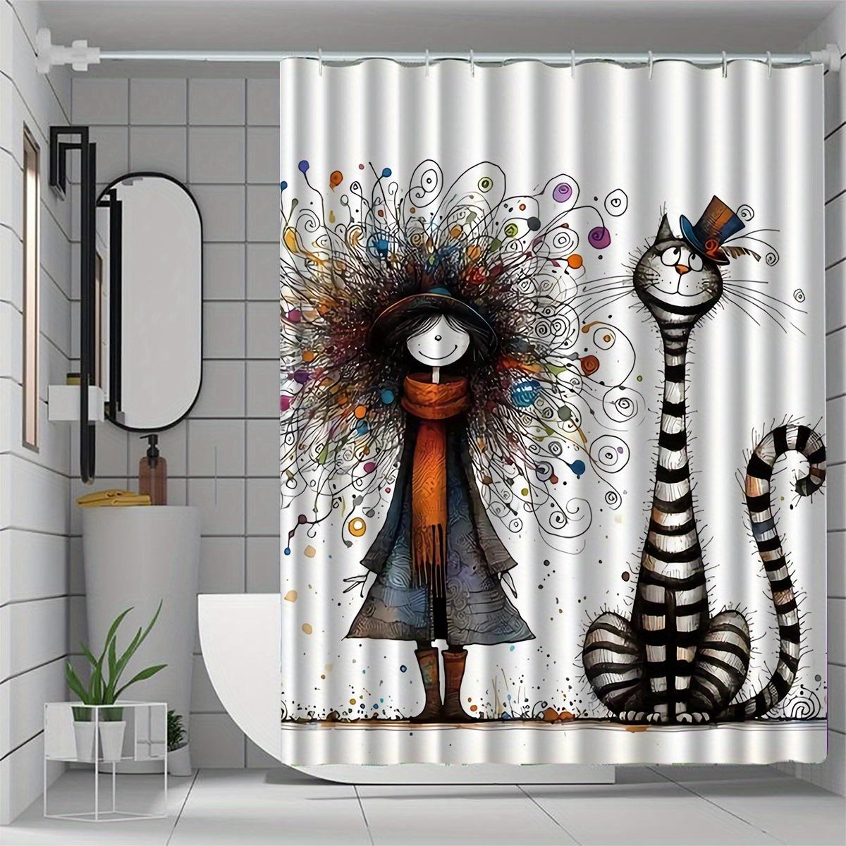 

1 шт. Причурливая шторка для душа с изображением девочки и кошки и разноцветными спиралями - Полиэстер, Машинная стирка, Идеально для декора ванной комнаты 90X180CM