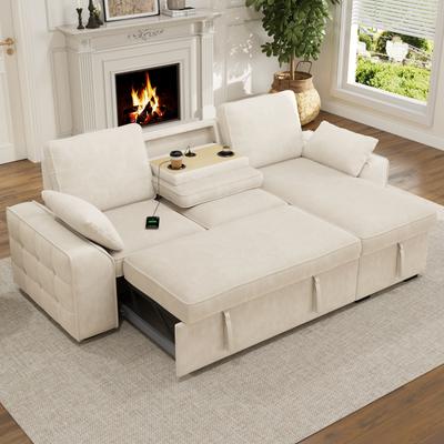 Corner Sofa 3-Seater with Storage Space, Pull-out Bed with Cup Holders & USB Charging Port, Load Capacity Up To 120 Kg, 237x141x86cm, Beige