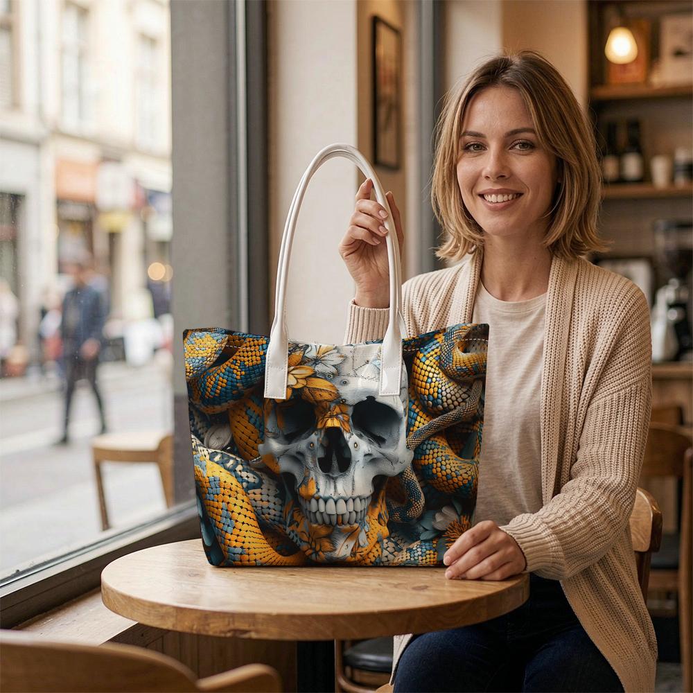 Skull Snake Pattern Tote Bag Unique Fashion Shoulder Bag for Daily Use