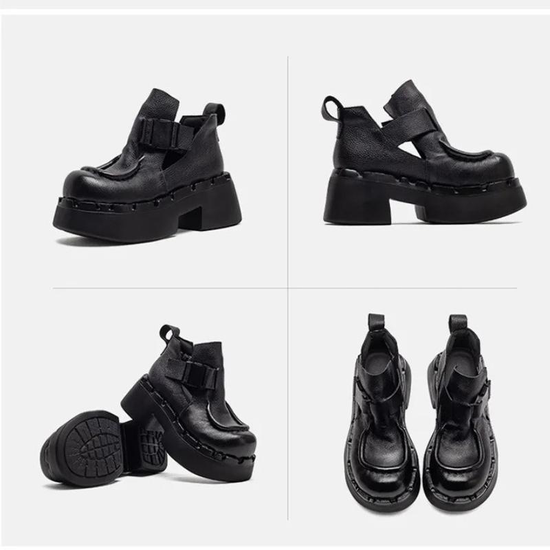 Johnature Commuter Retro Thick Soled High Heels Pumps Versatile Genuine Leather Women's Platform Shoes