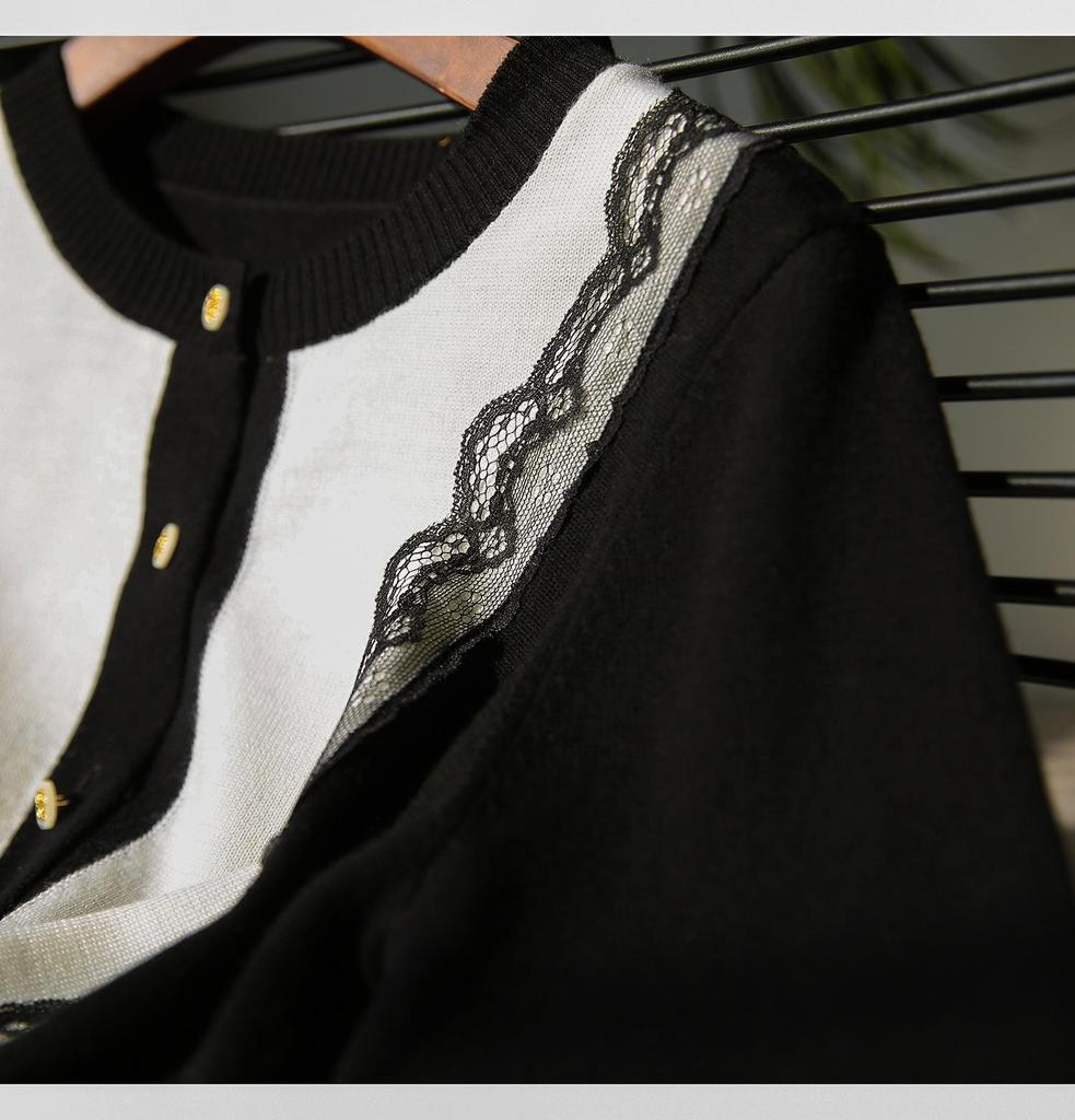 2025 Damen Frühling & Herbst Koreanischer Spitzen-Patchwork Slim Fit Rundhals Strick-Cardigan-Pullover.