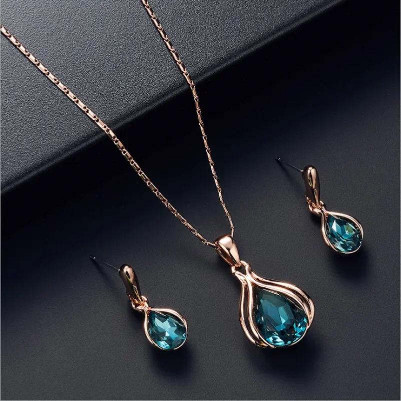 Korean Version New Oval Gemstone Necklace With Full Diamond Earrings Necklace Set