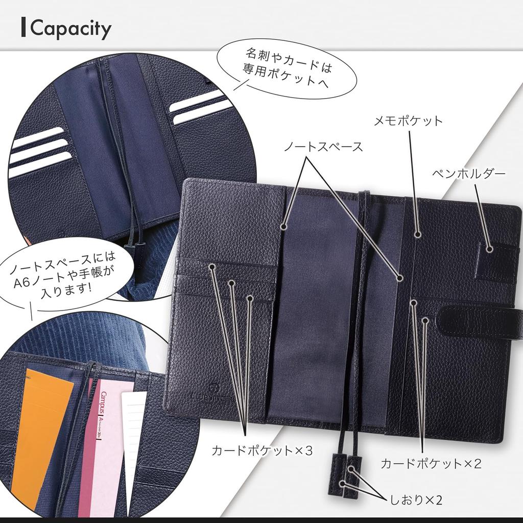 A6 Size Notebook Genuine Holds 2 Pen Sticky Business Bookmark Included NC5 [BLUE SINCERE] Cover, Leather, Books, Holder, Pocket, Cards, Notes, Cards,