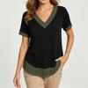 Women's Casual Color Block V Neck Short Sleeve T Shirt Top Lightweight Soft Fabric Relaxed Fit Layered Hem Design