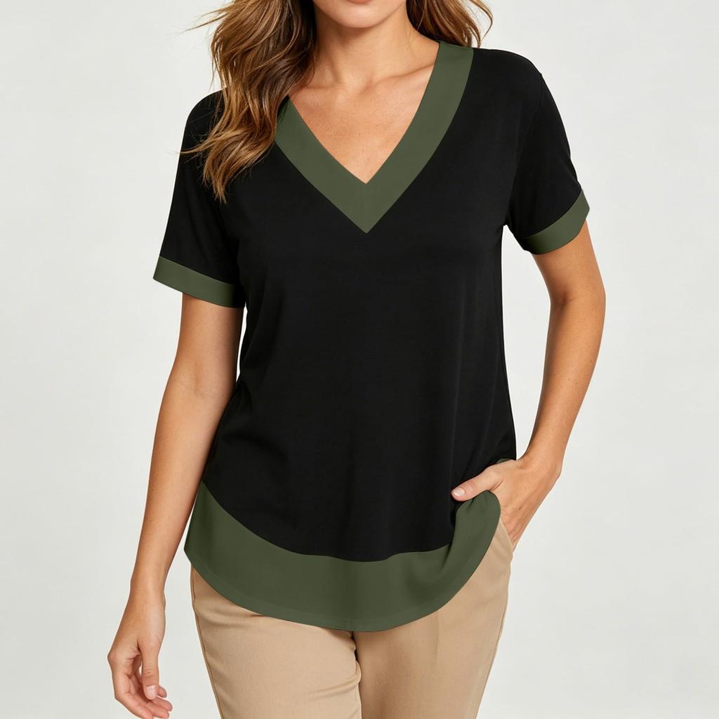 Women's Casual Color Block V Neck Short Sleeve T Shirt Top Lightweight Soft Fabric Relaxed Fit Layered Hem Design