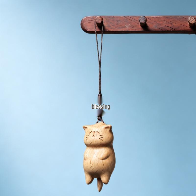 Beech Wood Carved Kitten Pendant - Cute Hanging Ornament & Creative Wooden Accessory