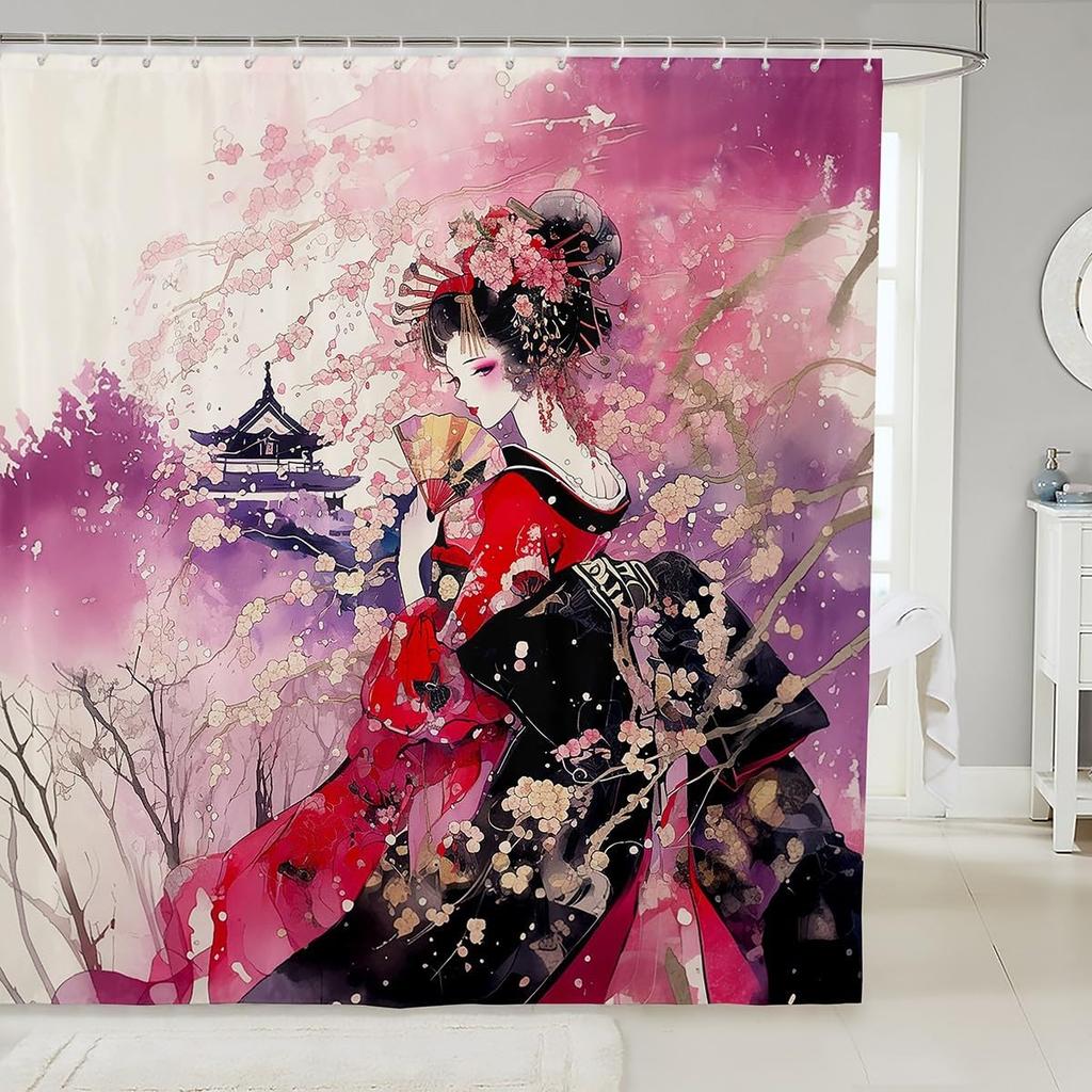 Japanese Koi Fish Shower Curtain Cherry Blossoms Bath Curtain Kids Boys Girls Botanical Flowers Floral Print Bathroom Shower