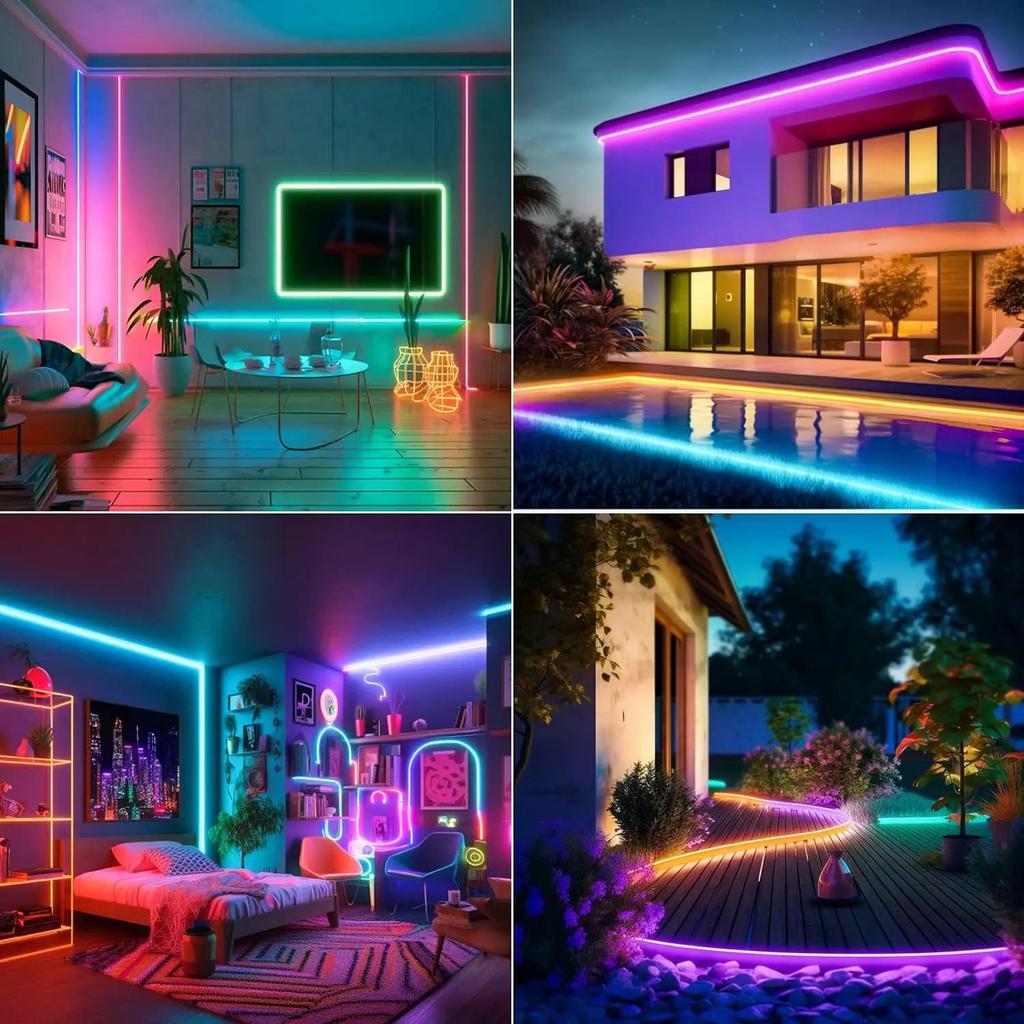 12V RGB Neon LED Strip Light Waterproof Flexible Silicone Tape with Bluetooth APP & 48-Key Remote for Home Christmas Party Decoration