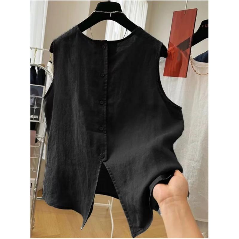 

Женский летний свободный тонкий литературный хлопково-льняной жилет с круглым вырезом и без рукавов XL чёрный