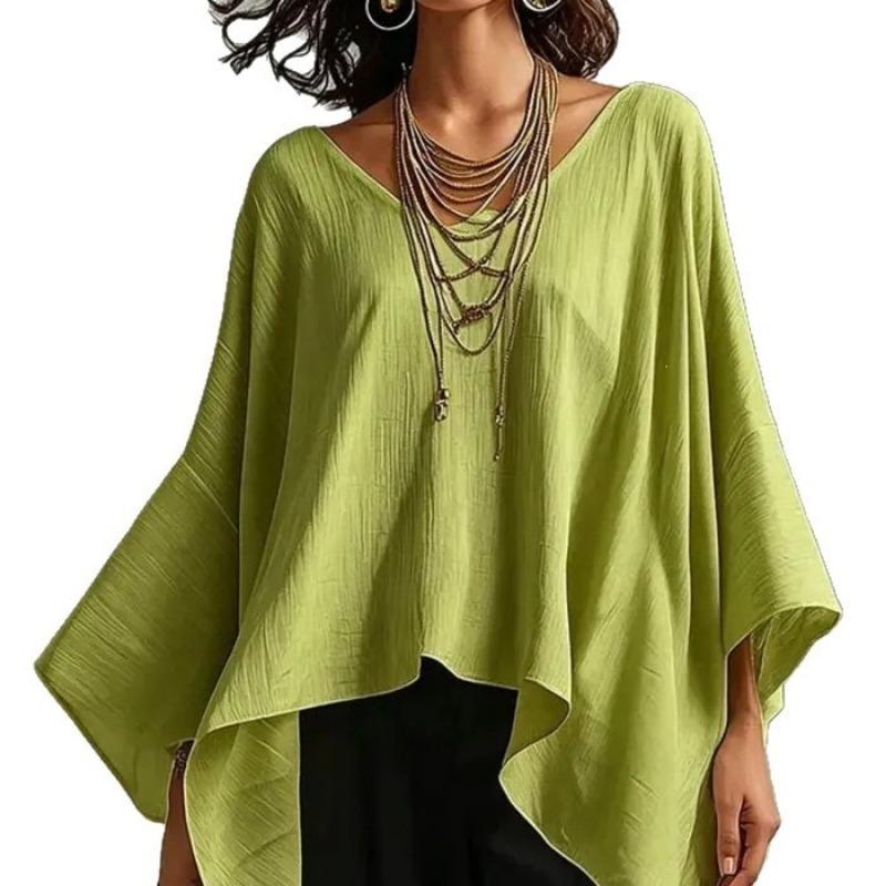Women Loose V Neck Batwing Sleeve Casual Vacation Top