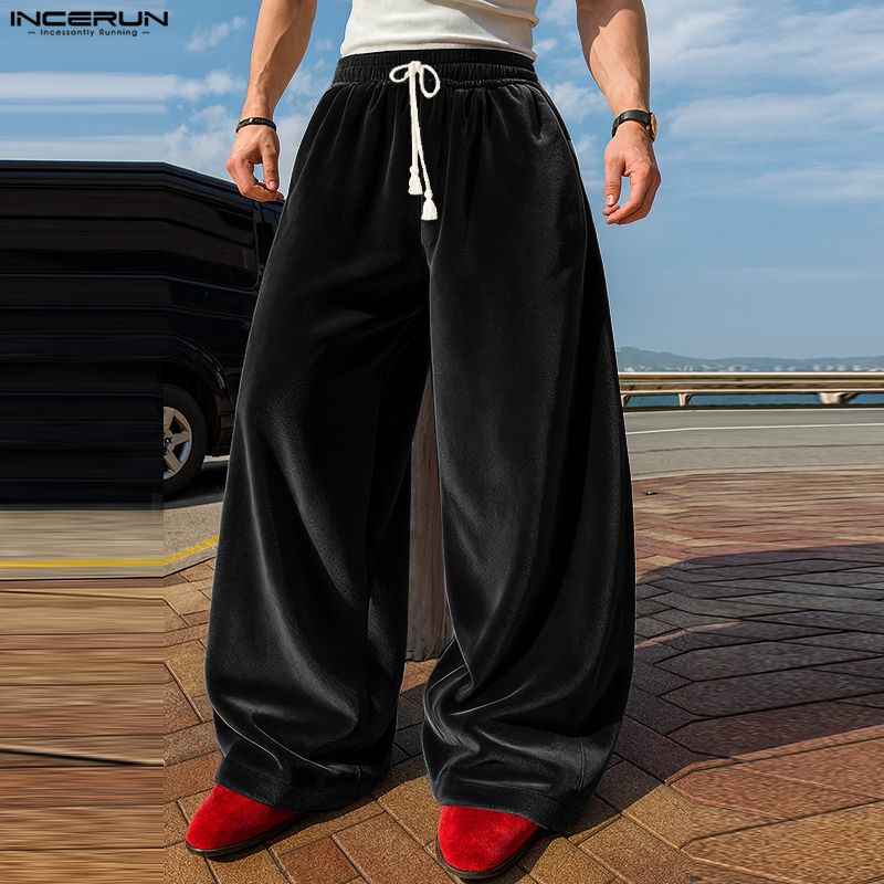INCERUN Men Casual Elastic Waist Autumn Winter Velvet Long Pants Trousers