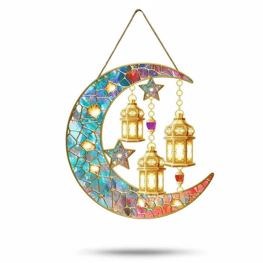 Gold-Tone Moon Hanging Ornament with Lanterns Vibrant Suncatcher