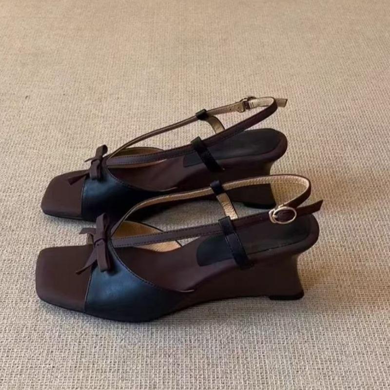 

Fashion Fashion Open Toe Bow Wedge Sandals Women Xia Square Head One Strap Comfortable and Versatile Not Tired Feet Wear Sandals Outside 40 чёрный