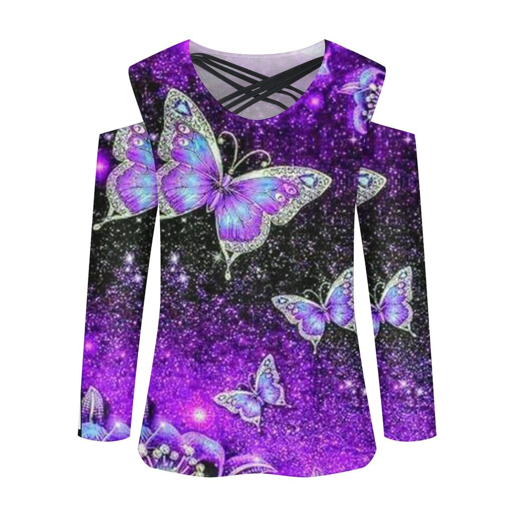 Women's Fashion Casual Flower Print V-Neck Cross Band Off Shoulder Long Sleeve Top