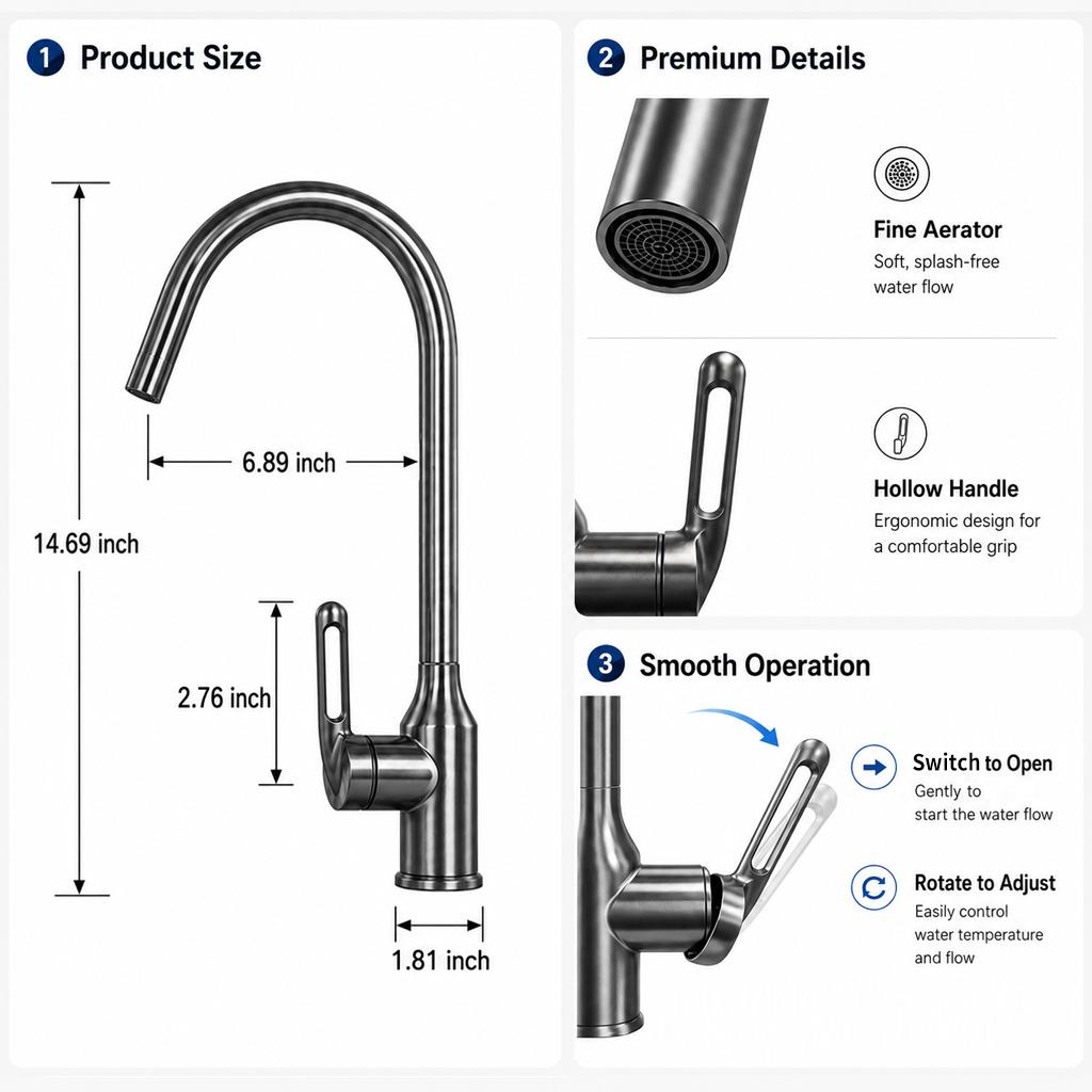 Gunmetal 304 Stainless Steel Kitchen Faucet Mixer Hot Cold 360 Swivel Gooseneck Sink Mixer Tap Faucet Cartridges