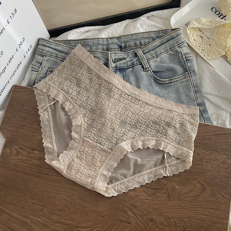 Französische Satin-Spitzen-Unterhose für Damen, mittlere Taille, reines Verlangen, schwarz, sexy Spitze, leicht durchgehöhlte Mädchen-Slips