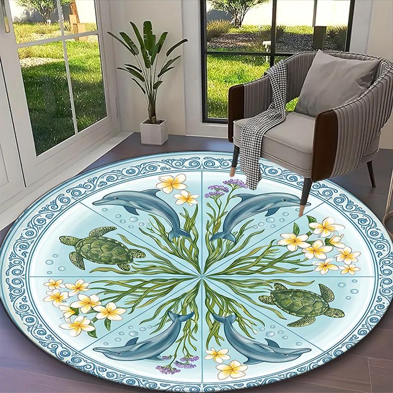 1pc Deep Blue Sea Turtle Carpet for Room Floor Mat, Comfortable Office Chair Printed Round Rug, Beautiful Hotel Rug