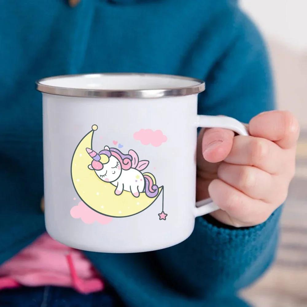 Cartoon Unicorn Printed Creative Mug Water Juice Drinks Milk Cup Enamel Mugs Handle Drinkware Kids Birthday Children's Day Gift