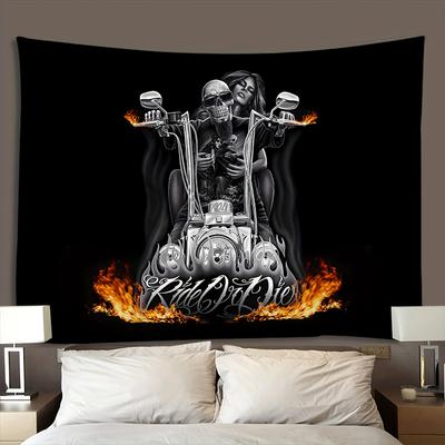Skull Motorcycle Tapestry, Biker Couple with Flames and Ride or Die Text, Gothic Rock Wall Hanging for Man Cave Bedroom Decor