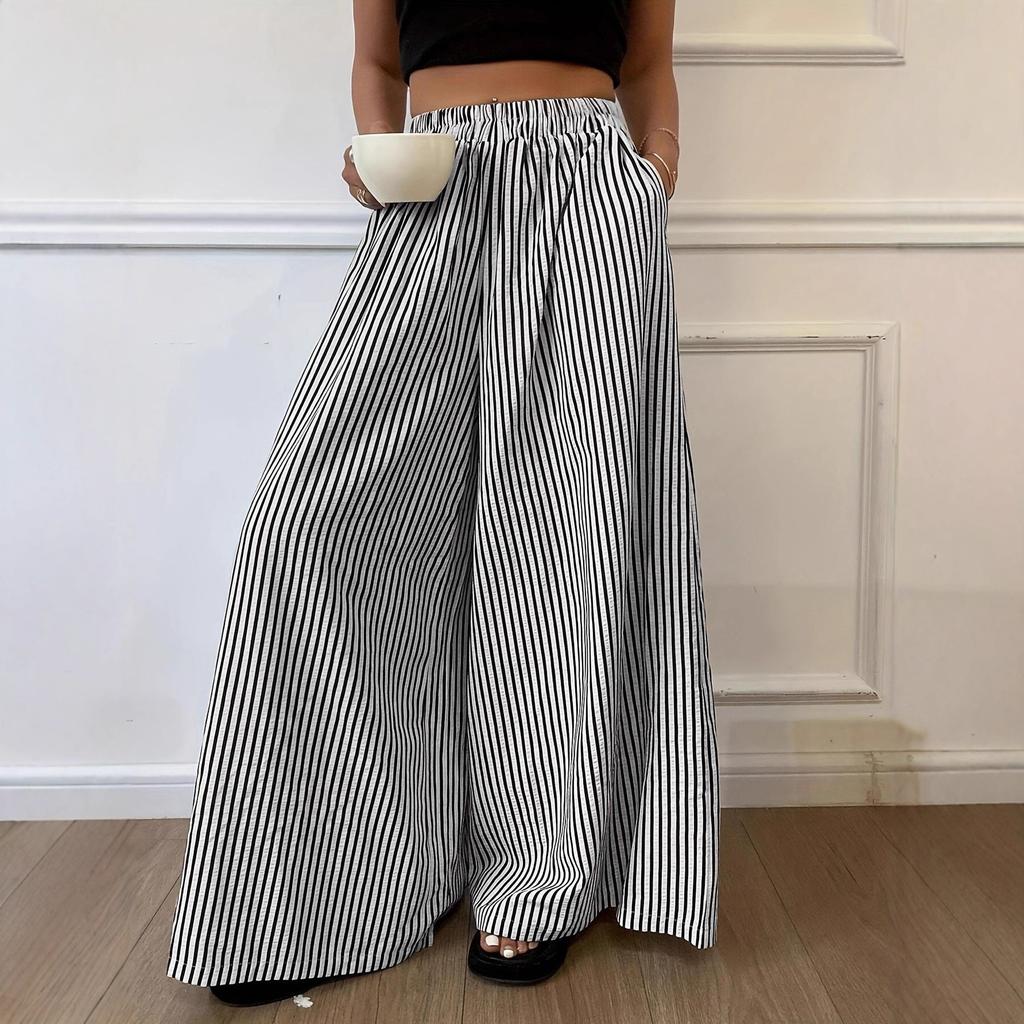 Plus Size Women Casual Flowy Loose Fit Wide Leg Long Pants Ladies Fashion Elastic High Waist Stripes Print Pants Streetwear