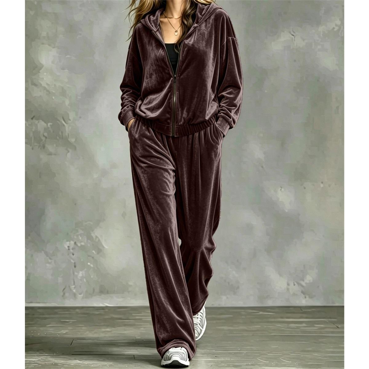 Dames Fluweel 2-delig Trainingspak Ritssluiting Capuchon Trekkoord Wijde Pijpen Broek Casual Losse Twee-delige Outfit Set XL donkerbruine kleur