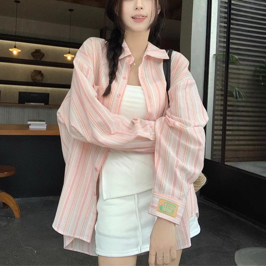 Women's Striped Polo Collar Long-Sleeved Sun Protection Shirt - Lightweight and Loose-Fitting for Summer