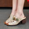 Johnature Ethnischer Stil Peeptoe-Slipper Echtes Leder Durchbrochen Atmungsaktiv Kitten Heels Damen Sandalen