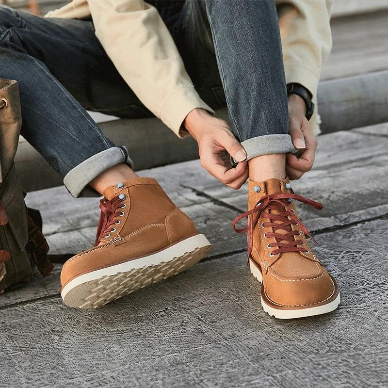 Fashion Large Yellow Ankle Boots For Men's Lace Up Anti Slip Work Clothes Boots Genuine Leather Warm Shoes Combat Boots 2024 Retro Style
