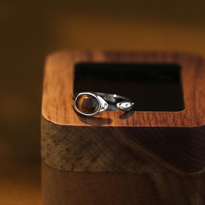 Anello con Pietra Occhio di Tigre Caramello Design Semplice di Nicchia Senso Premium Regolabile Indice Mano Moda Gioiello Quotidiano per Mano