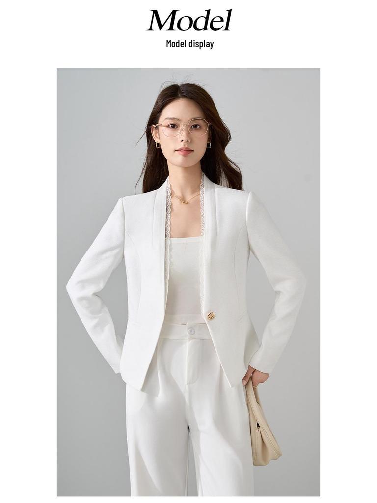 Women's White Lace Long Sleeve Blazer - Slim Fit, Short Style, Versatile for Autumn 2025