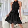 Women Halter Sleeveless Dress Ruffle Layered Swing Dress Loose Lightweight Elegant Solid Color