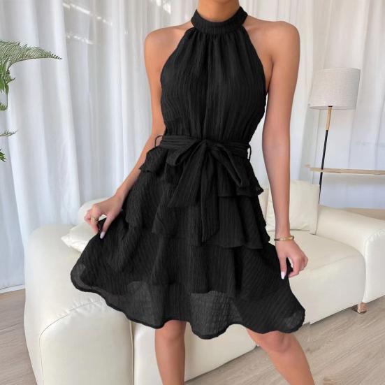 Women Halter Sleeveless Dress Ruffle Layered Swing Dress Loose Lightweight Elegant Solid Color