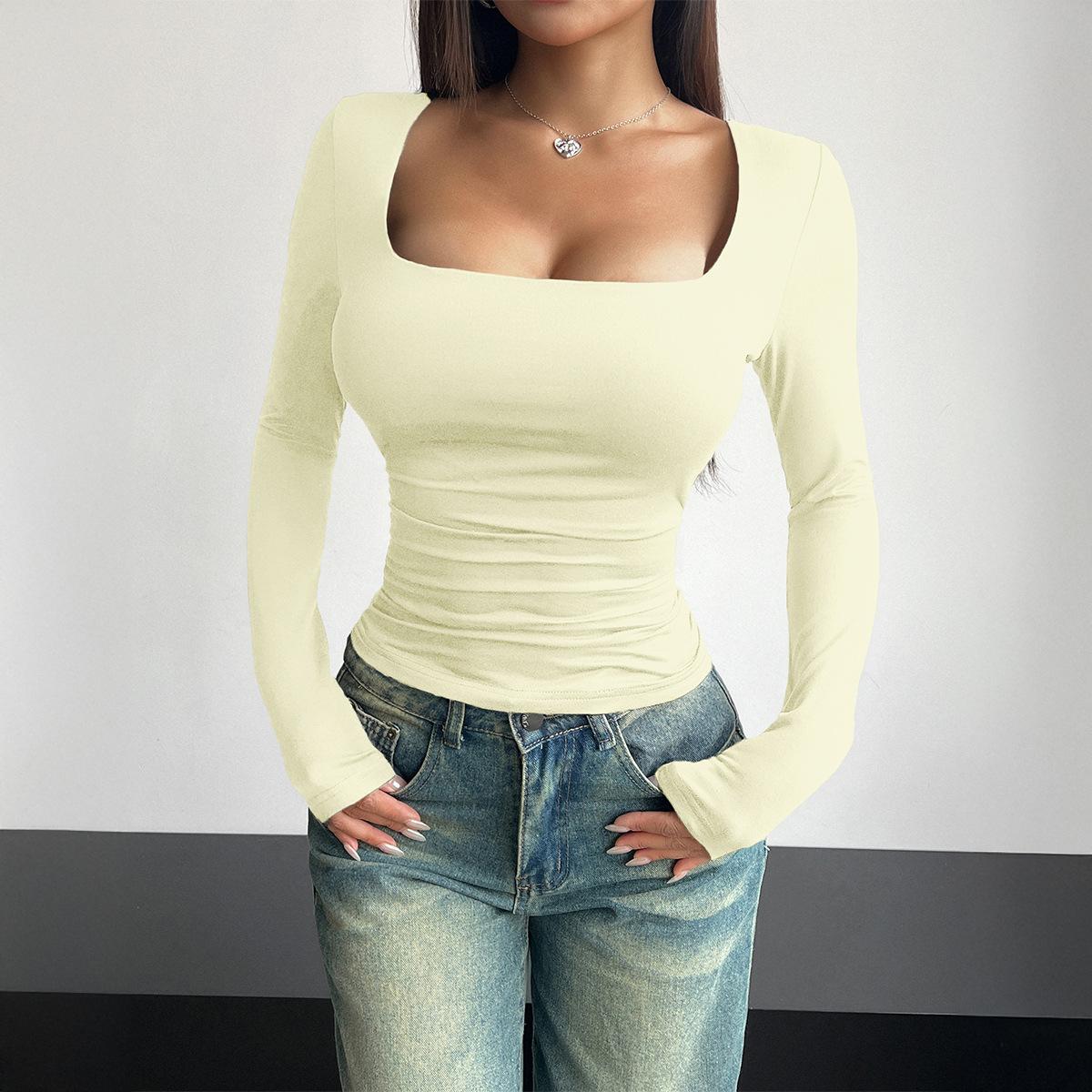 

Новий пуловер з квадратним вирізом і довгими рукавами 2025 року, жіночі повсякденні обтягуючі модні топи, весна-осінь XL бежевий