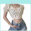 Sommer Vintage Floral Waffel Kurzarm Crop Top mit quadratischem Ausschnitt für Damen Freizeitkleidung