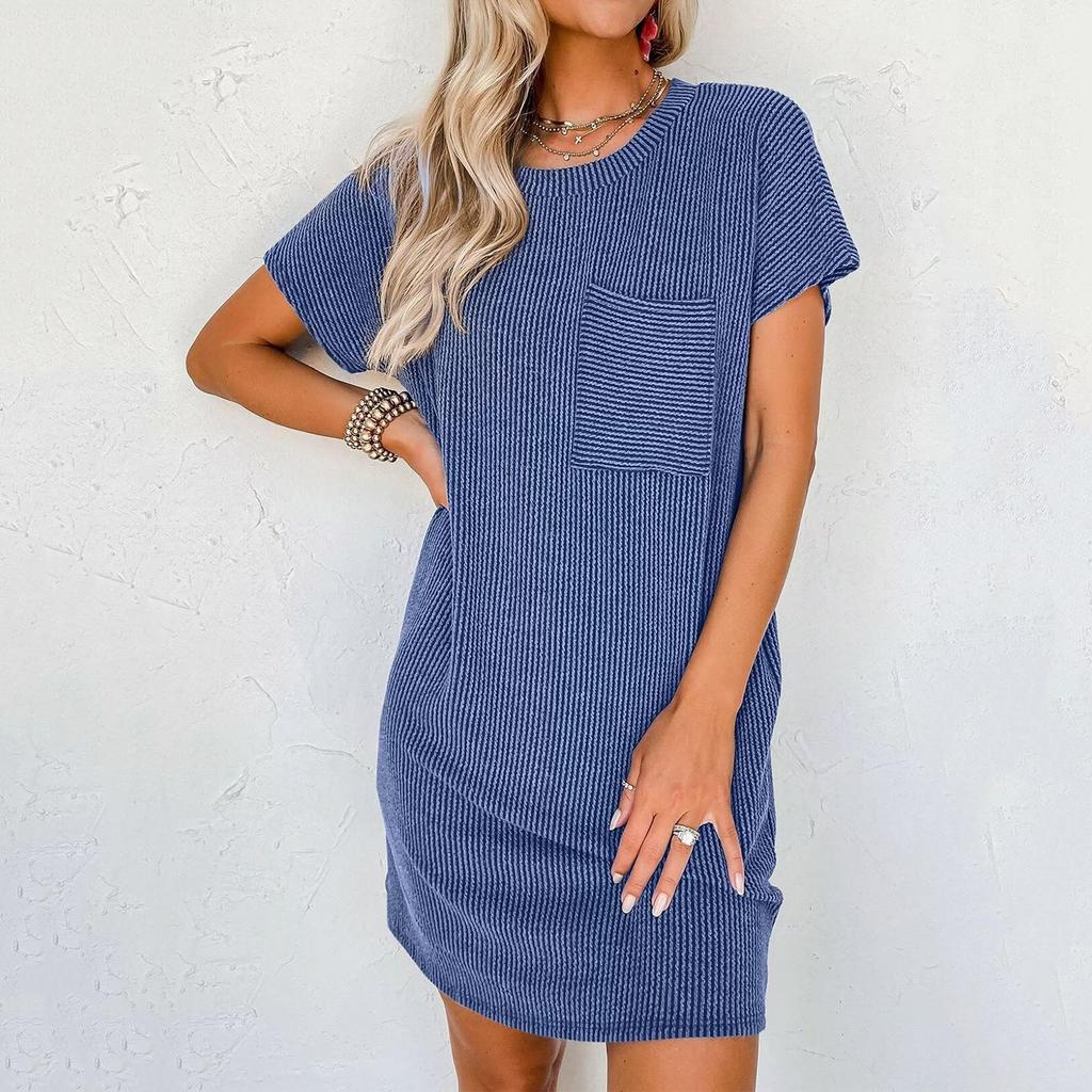 Damen Lässiges Modekontrastfarbenes verdrehtes Streifen-Kurzarmtaschenkleid