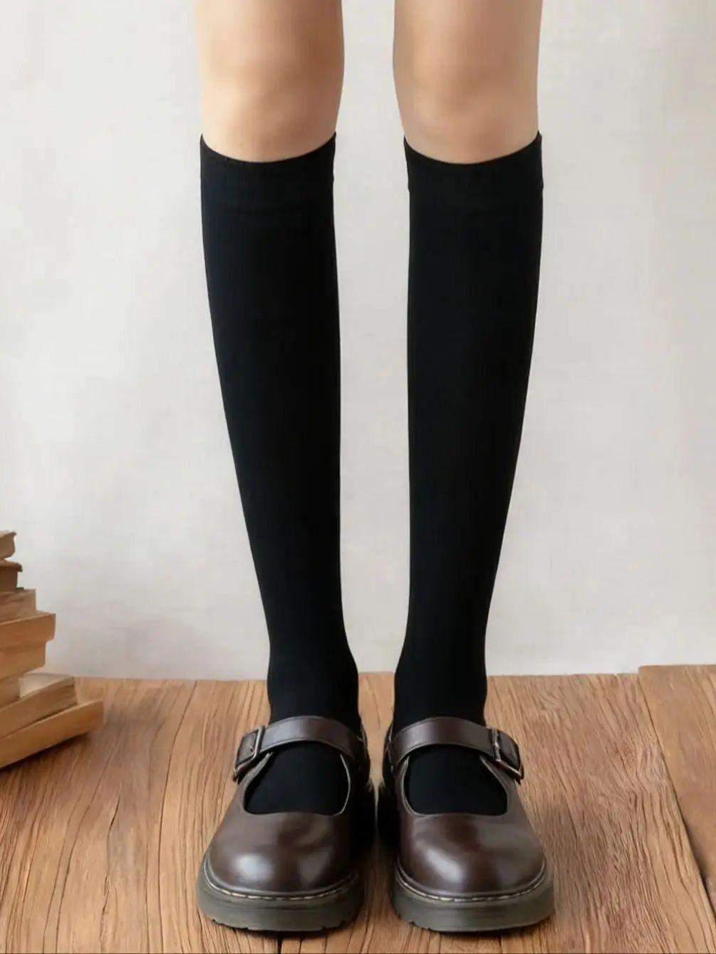 

1 Pair Women S Solid Color Velvet Knee-High Stockings, Autumn & Spring Thin Mid-Calf Socks, Anti-Snag High Elastic One Size