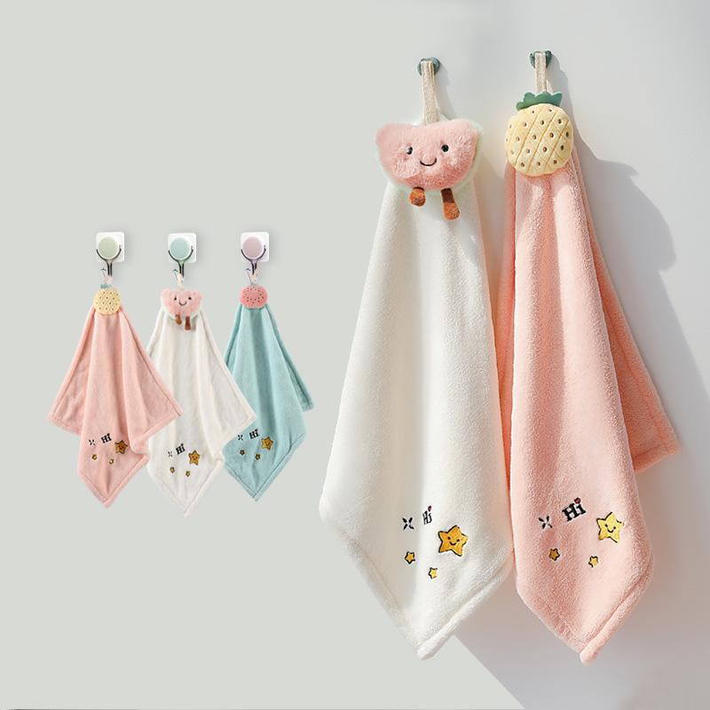 Thickened Coral Fleece Doll Hand Towel Hanging Type Absorbent Towel Cute Handkerchief Embroidery Hand Towel Square Towel
