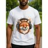 European Size Men's Polyester Short-Sleeve T-Shirt with Listening Fox Music Print - Breathable Round Neck Casual Tee, Fox & Song Note Design