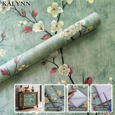 Floral Peel and Stick Wallpaper Green Flower Contact Paper Vinyl Self Adhesive Wall Paper Living Room Bedroom Cabinet Decorate